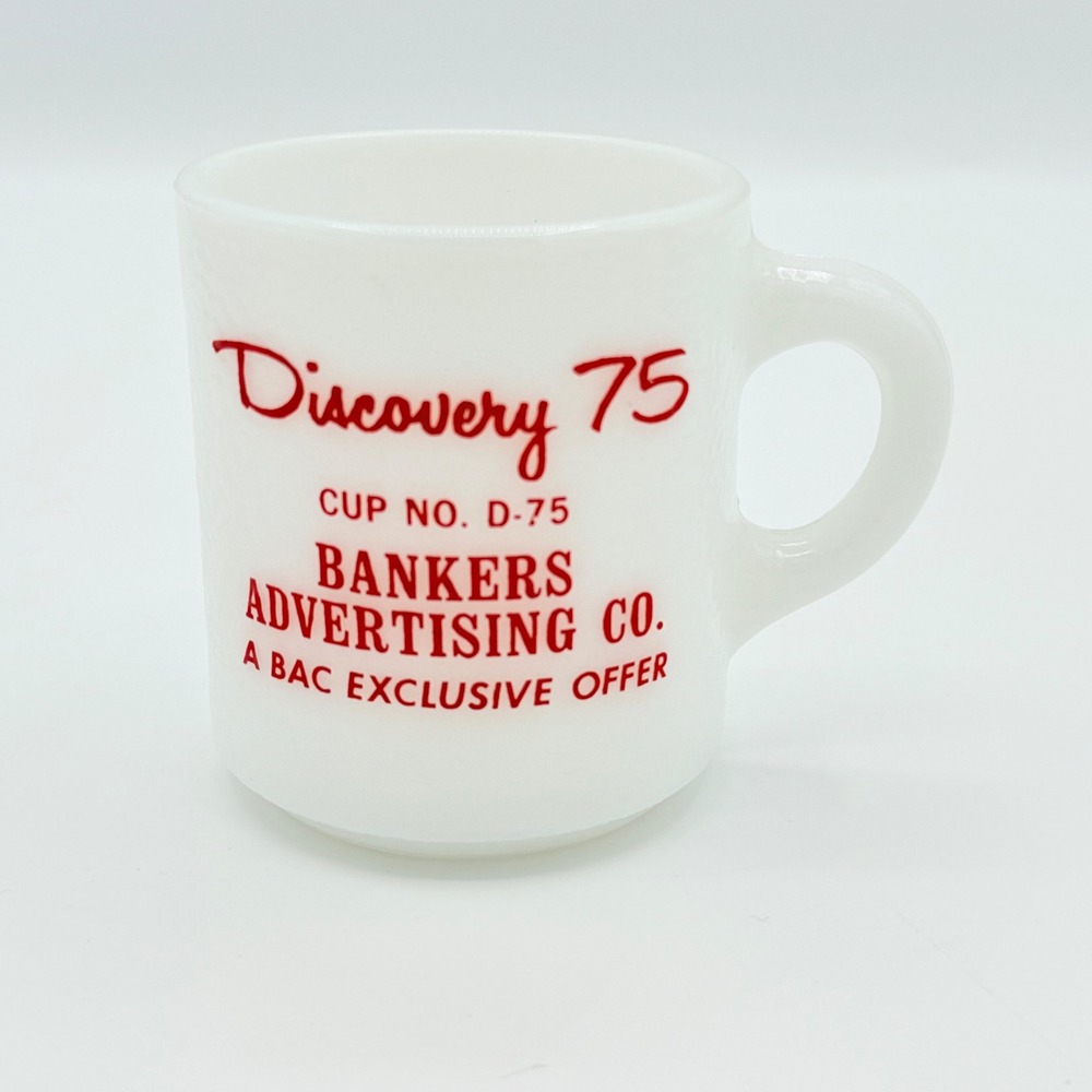Vintage 1970s Glasbake Discovery 75 Milk Glass Bankers Advertising Co Mug BAC